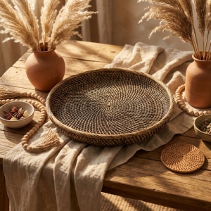 Luimera Büyük Hasir Yuvarlak Dekoratif Tabak Siyah 30X30cm