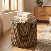 Panali Yuvarlak Kapakli Hasir Çamasir Sepeti Black Xl 45X50cm