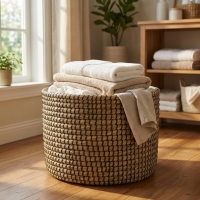 Panali Yuvarlak Kapakli Hasir Sepet Black L 35X25cm