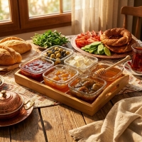 Gönül 6 Li Bambu Tepsili Cam Kahvaltilik / Çerezlik